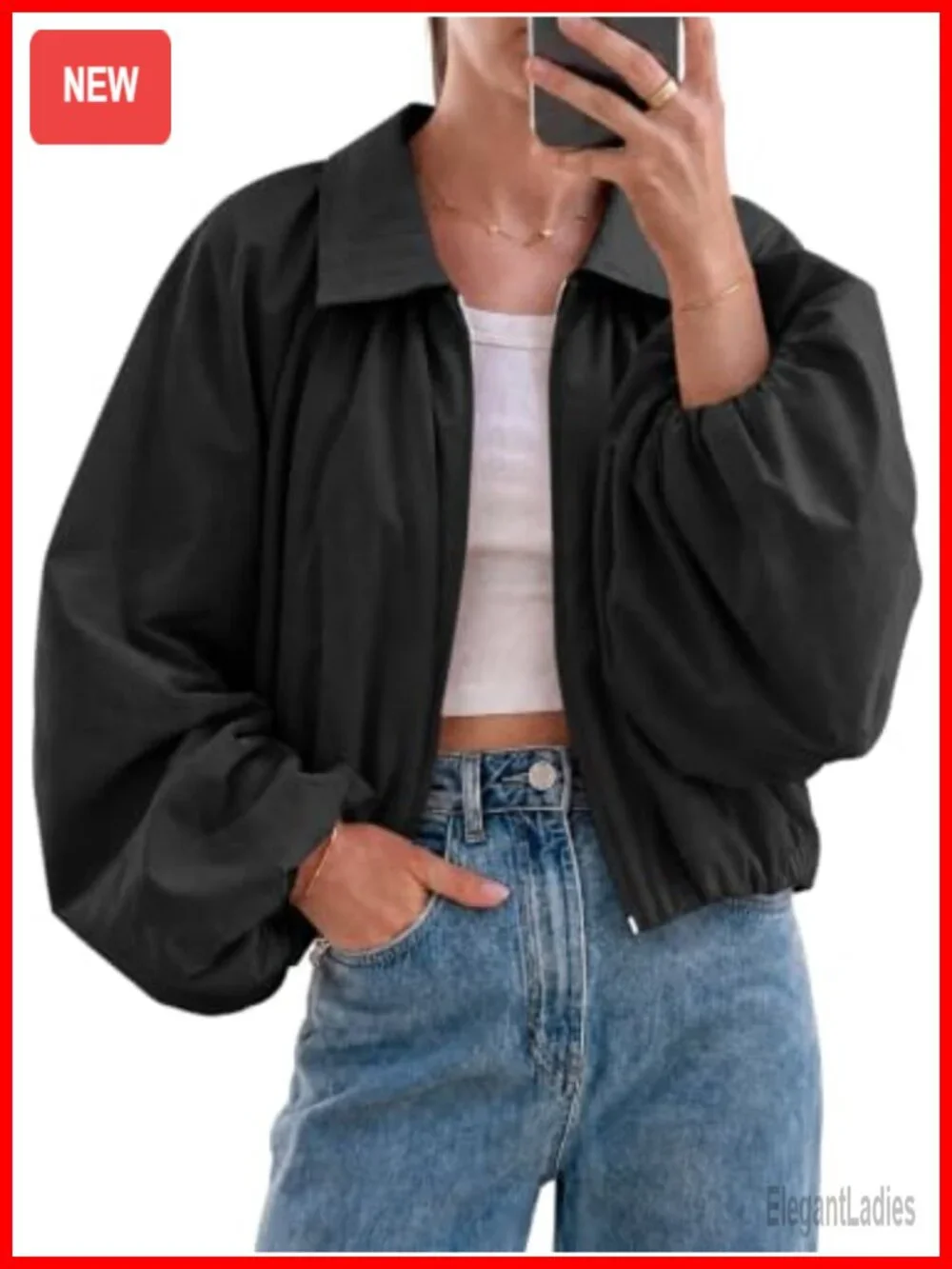Womens Cropped Bomber Jacket Pleated Puff Long Sleeve Zip Up Lightweight Fall